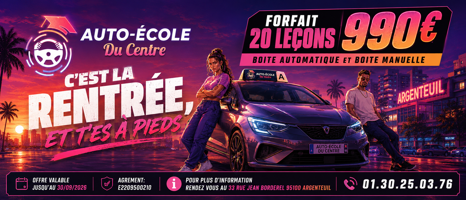 Offre de rentrée — forfait 20 leçons 990 €, boîte automatique et manuelle, valable jusqu'au 30/09/2026.